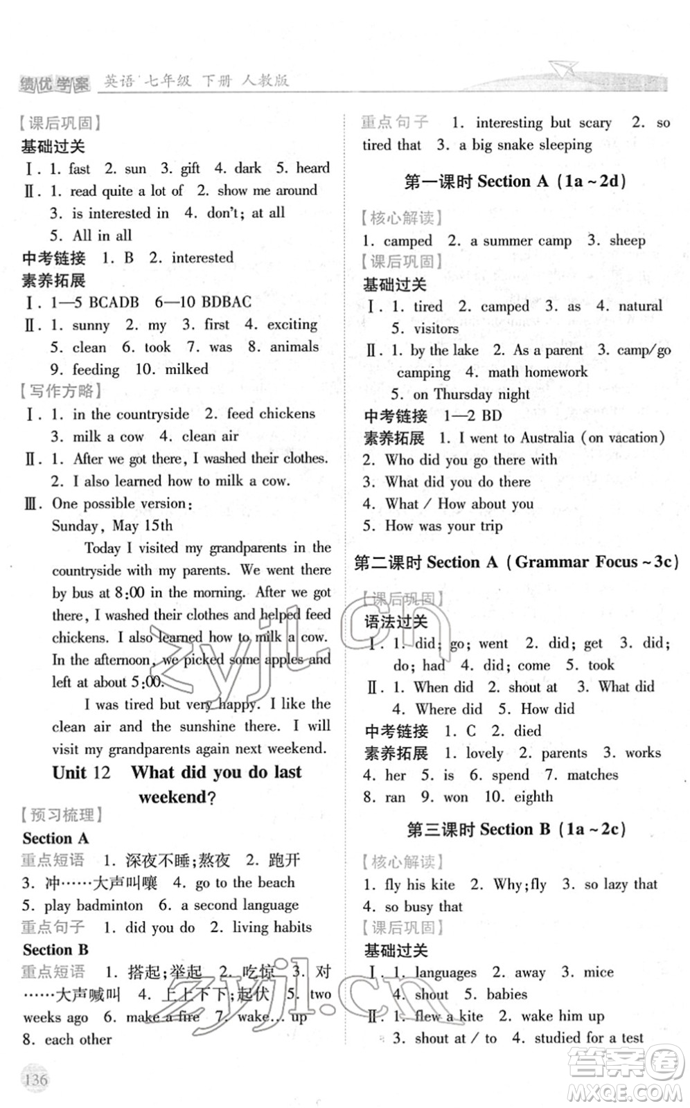 人民教育出版社2022績(jī)優(yōu)學(xué)案七年級(jí)英語下冊(cè)人教版答案