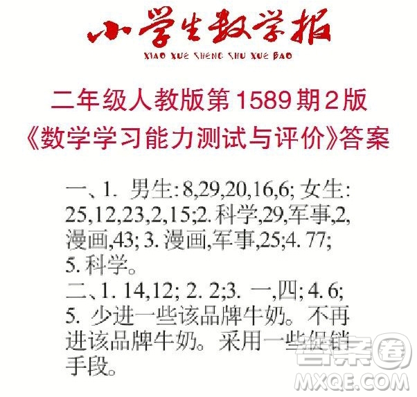 2022年小學(xué)生數(shù)學(xué)報二年級下學(xué)期第1589期答案