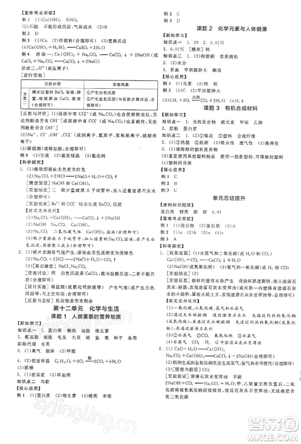 陽光出版社2022全品學(xué)練考聽課手冊九年級化學(xué)下冊人教版參考答案