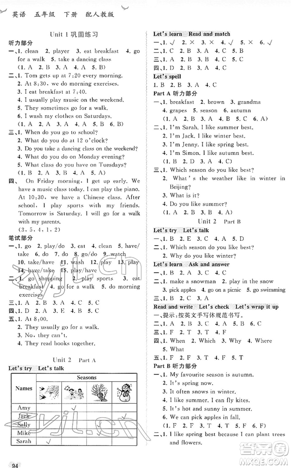 廣西教育出版社2022新課程學(xué)習(xí)與測(cè)評(píng)同步學(xué)習(xí)五年級(jí)英語下冊(cè)人教版答案