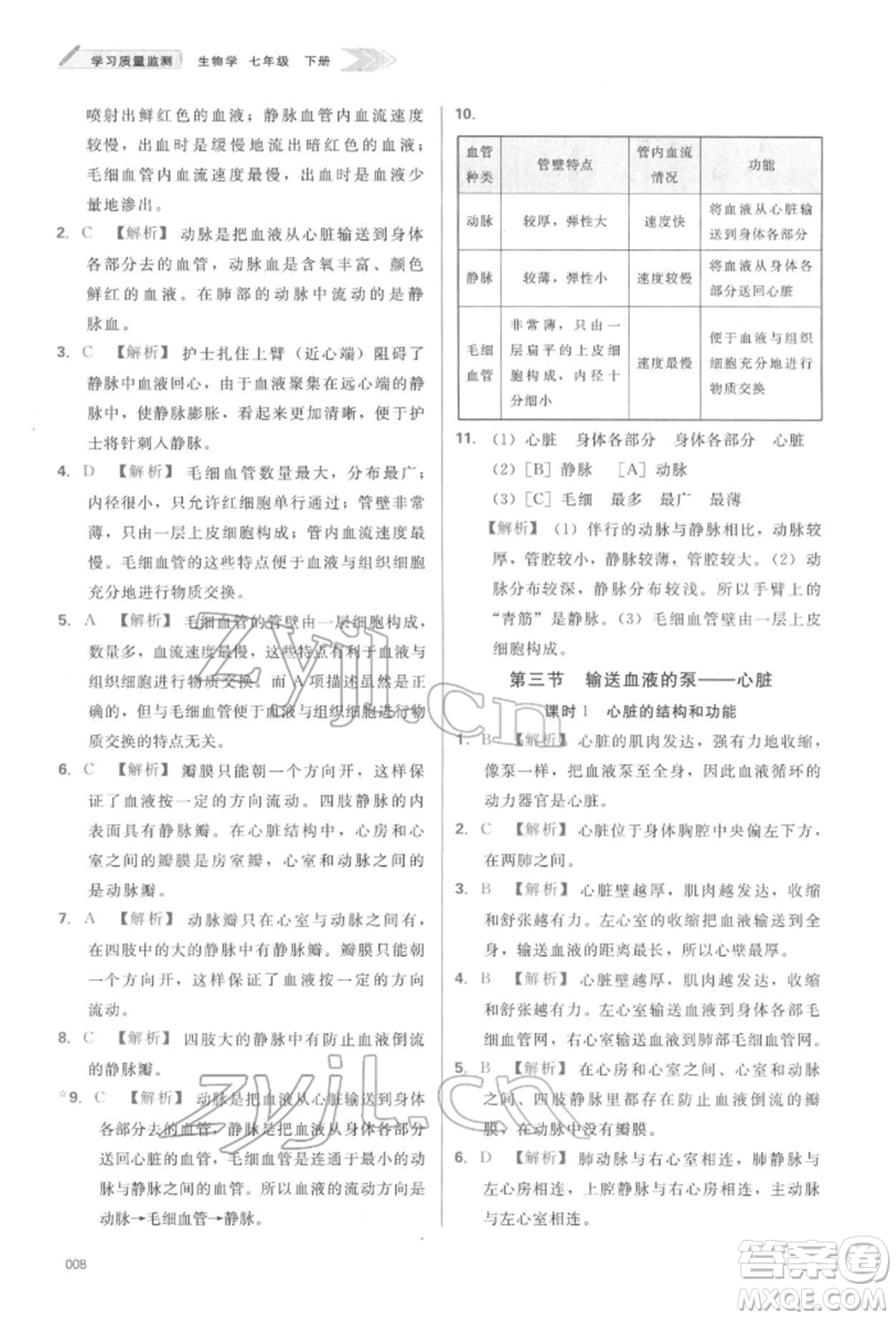 天津教育出版社2022學(xué)習(xí)質(zhì)量監(jiān)測七年級生物學(xué)下冊人教版參考答案