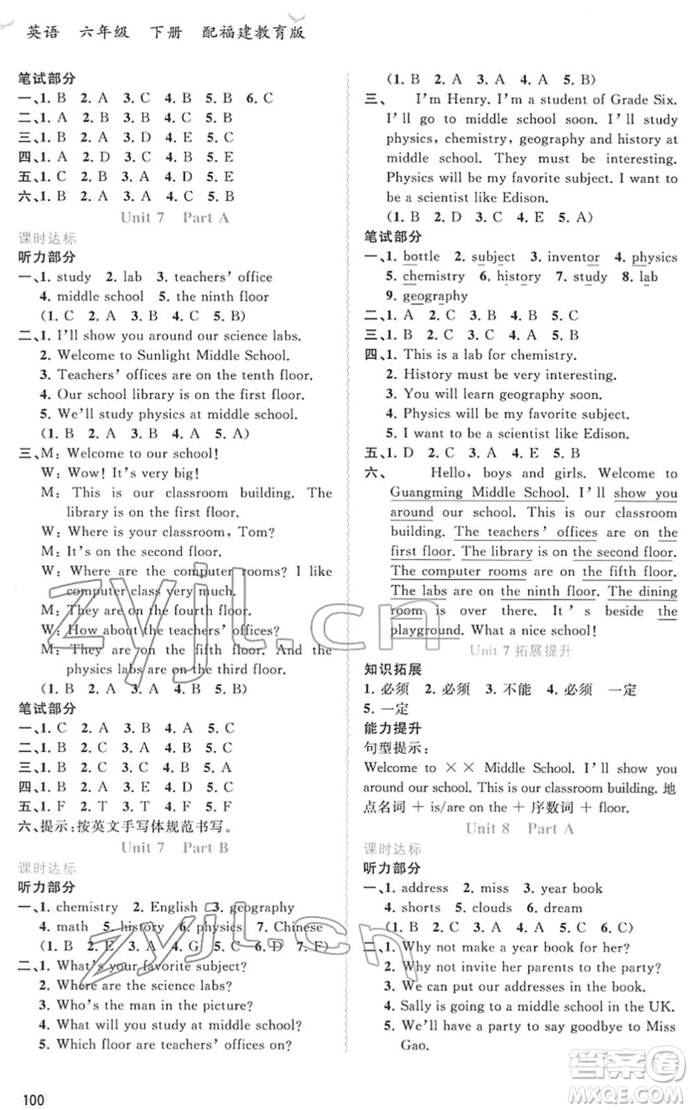 廣西教育出版社2022新課程學(xué)習(xí)與測評同步學(xué)習(xí)六年級英語下冊福建教育版答案