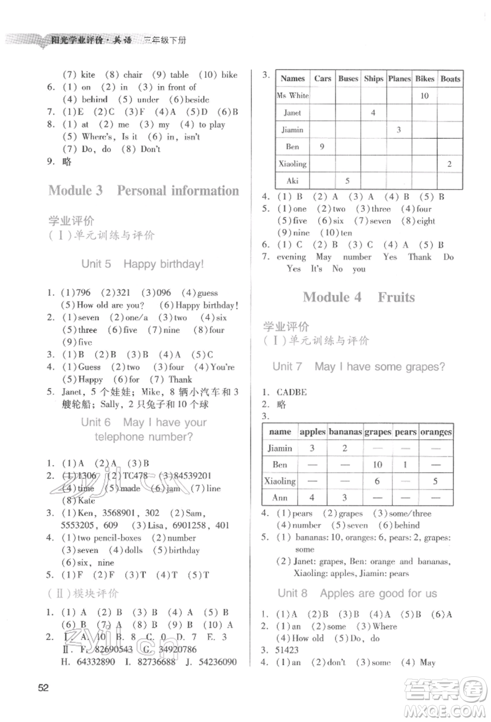 廣州出版社2022陽光學業(yè)評價三年級英語下冊教科版參考答案