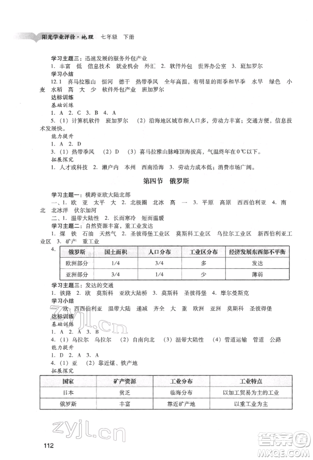 廣州出版社2022陽光學(xué)業(yè)評價七年級地理下冊人教版參考答案