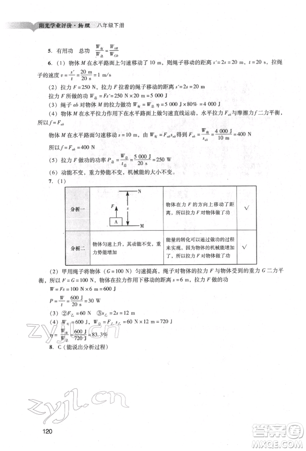 廣州出版社2022陽光學(xué)業(yè)評價(jià)八年級物理下冊人教版參考答案