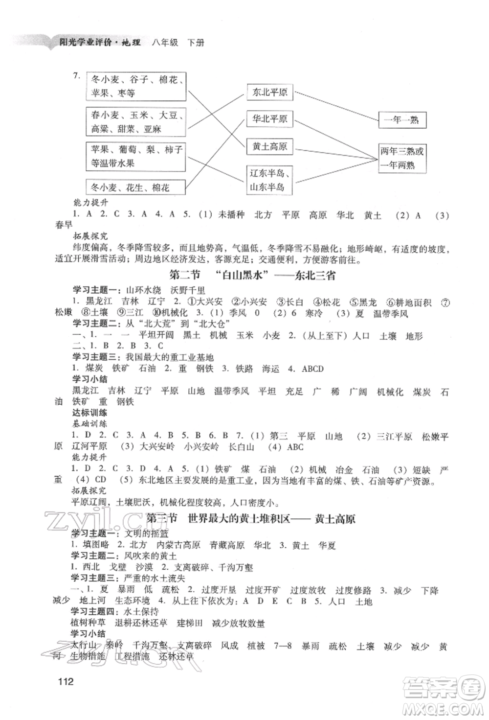 廣州出版社2022陽光學(xué)業(yè)評價八年級地理下冊人教版參考答案