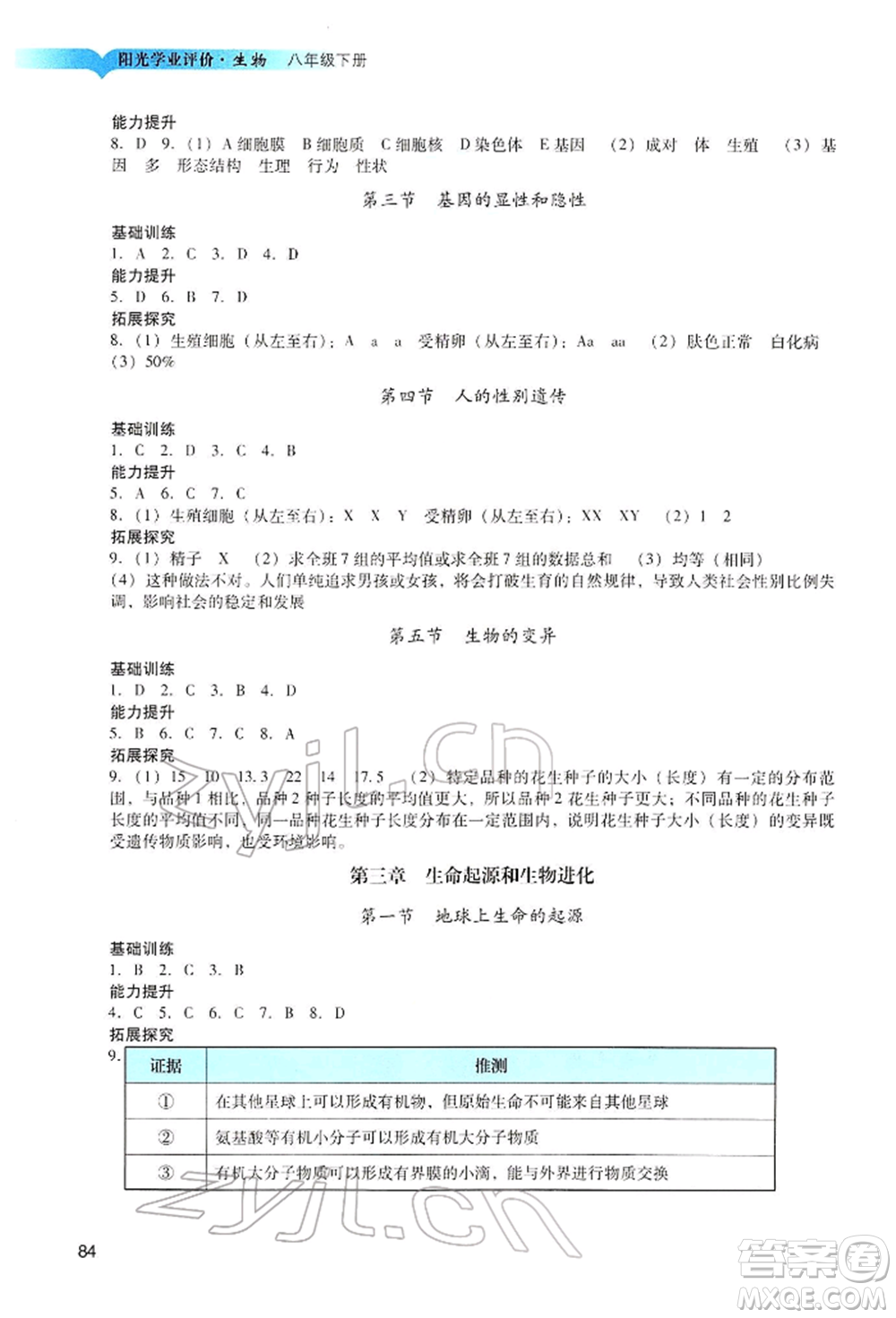 廣州出版社2022陽光學(xué)業(yè)評價(jià)八年級生物下冊人教版參考答案