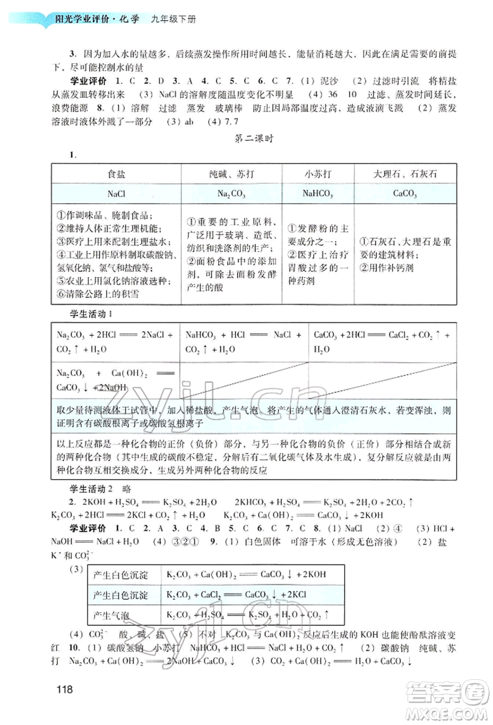 廣州出版社2022陽(yáng)光學(xué)業(yè)評(píng)價(jià)九年級(jí)化學(xué)下冊(cè)人教版參考答案