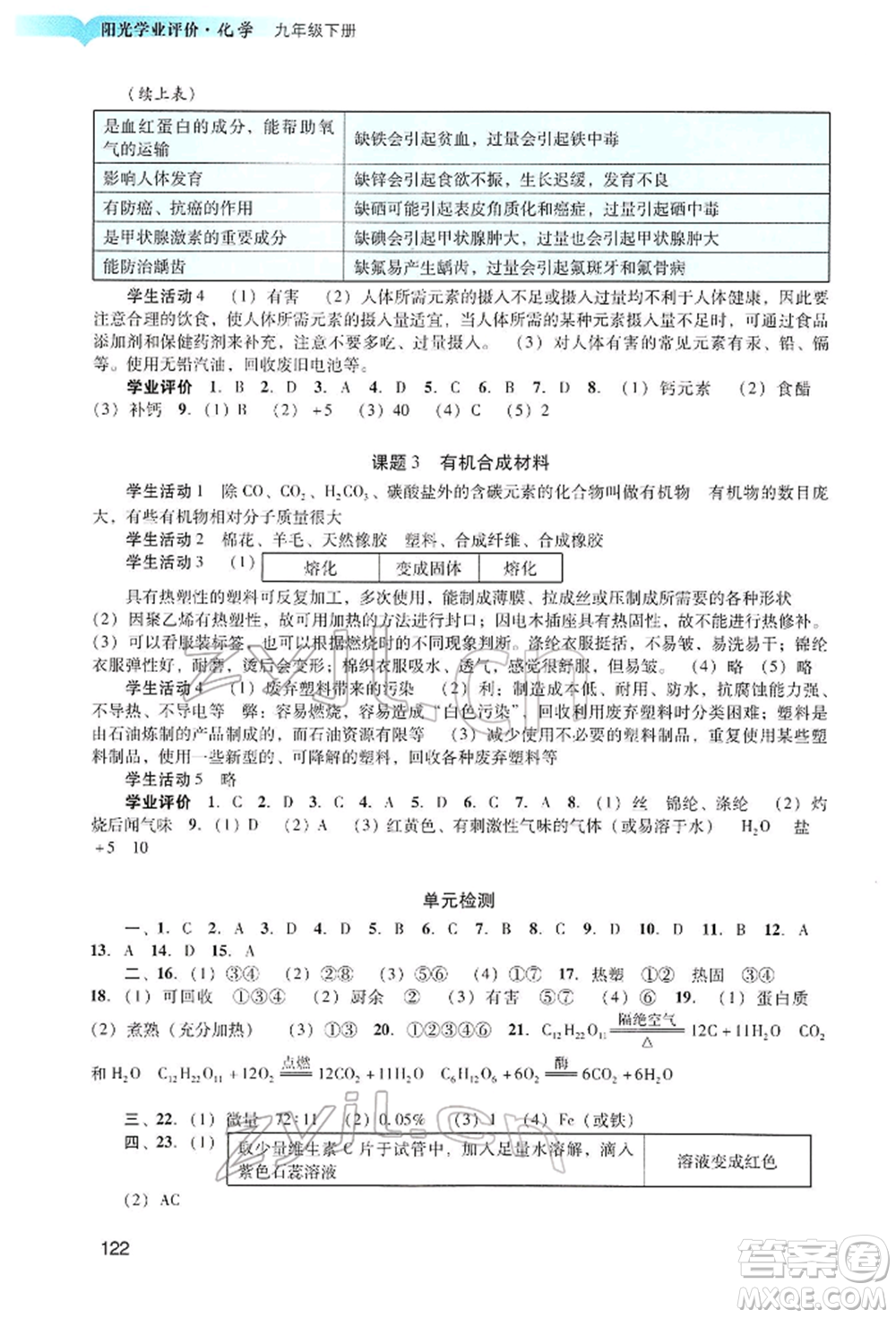 廣州出版社2022陽(yáng)光學(xué)業(yè)評(píng)價(jià)九年級(jí)化學(xué)下冊(cè)人教版參考答案