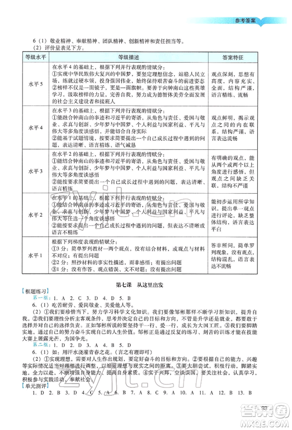 廣州出版社2022陽光學業(yè)評價九年級道德與法治下冊人教版參考答案