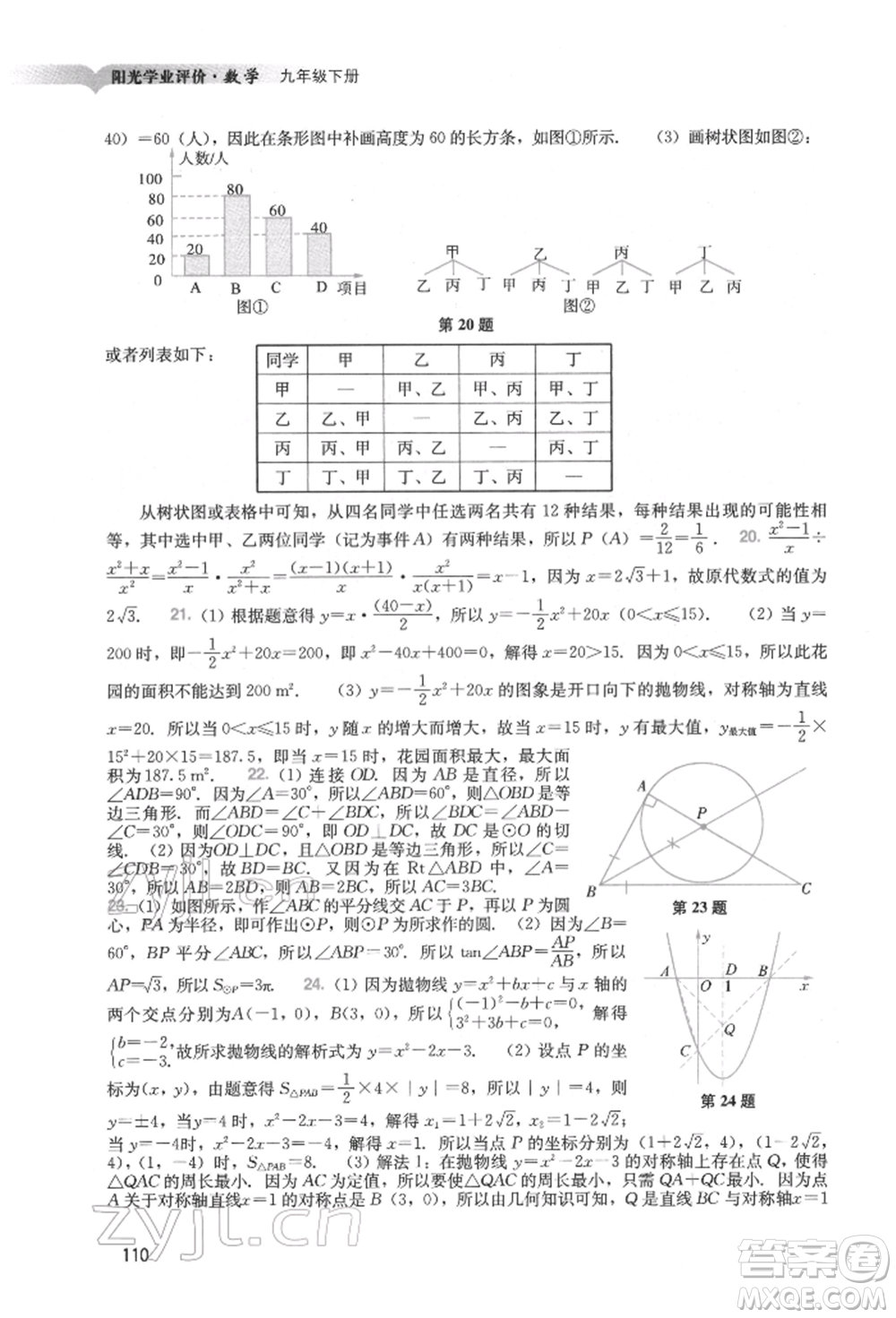 廣州出版社2022陽光學業(yè)評價九年級數學下冊人教版參考答案