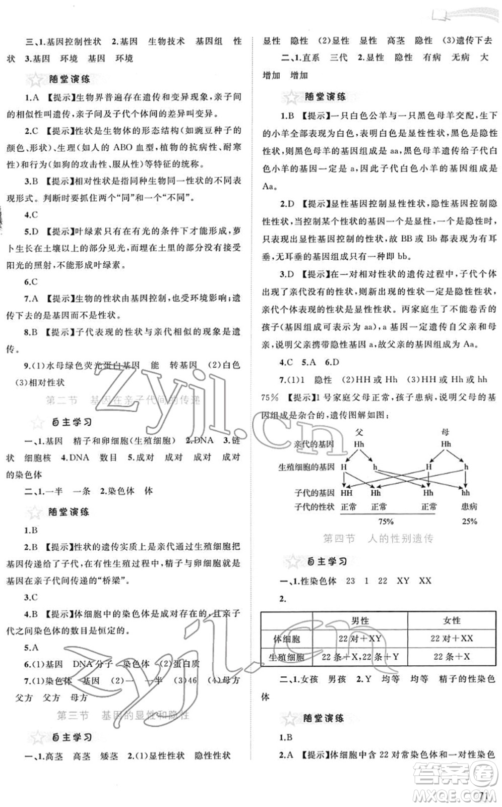廣西教育出版社2022新課程學(xué)習(xí)與測評同步學(xué)習(xí)八年級生物下冊人教版答案