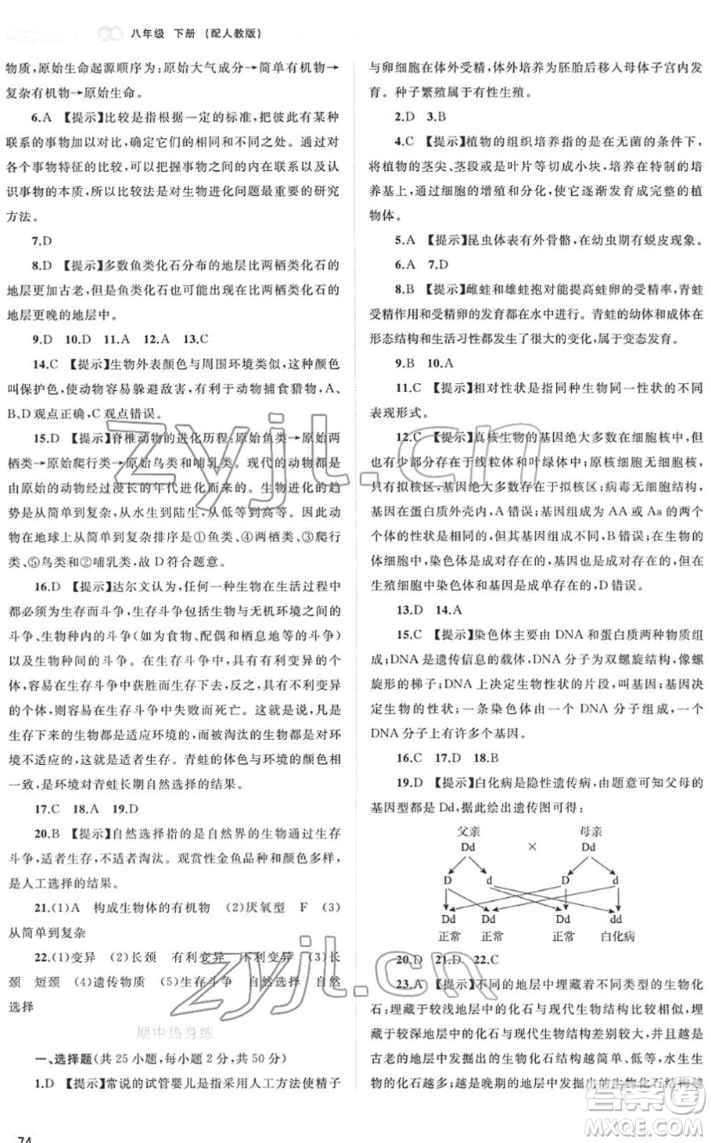 廣西教育出版社2022新課程學(xué)習(xí)與測評同步學(xué)習(xí)八年級生物下冊人教版答案