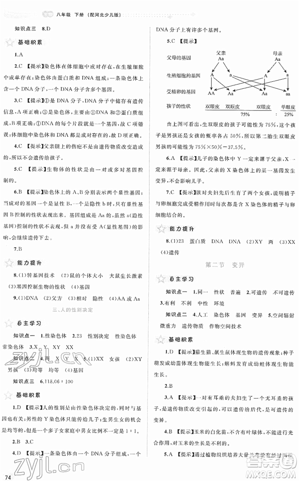 廣西教育出版社2022新課程學習與測評同步學習八年級生物下冊河北少兒版答案