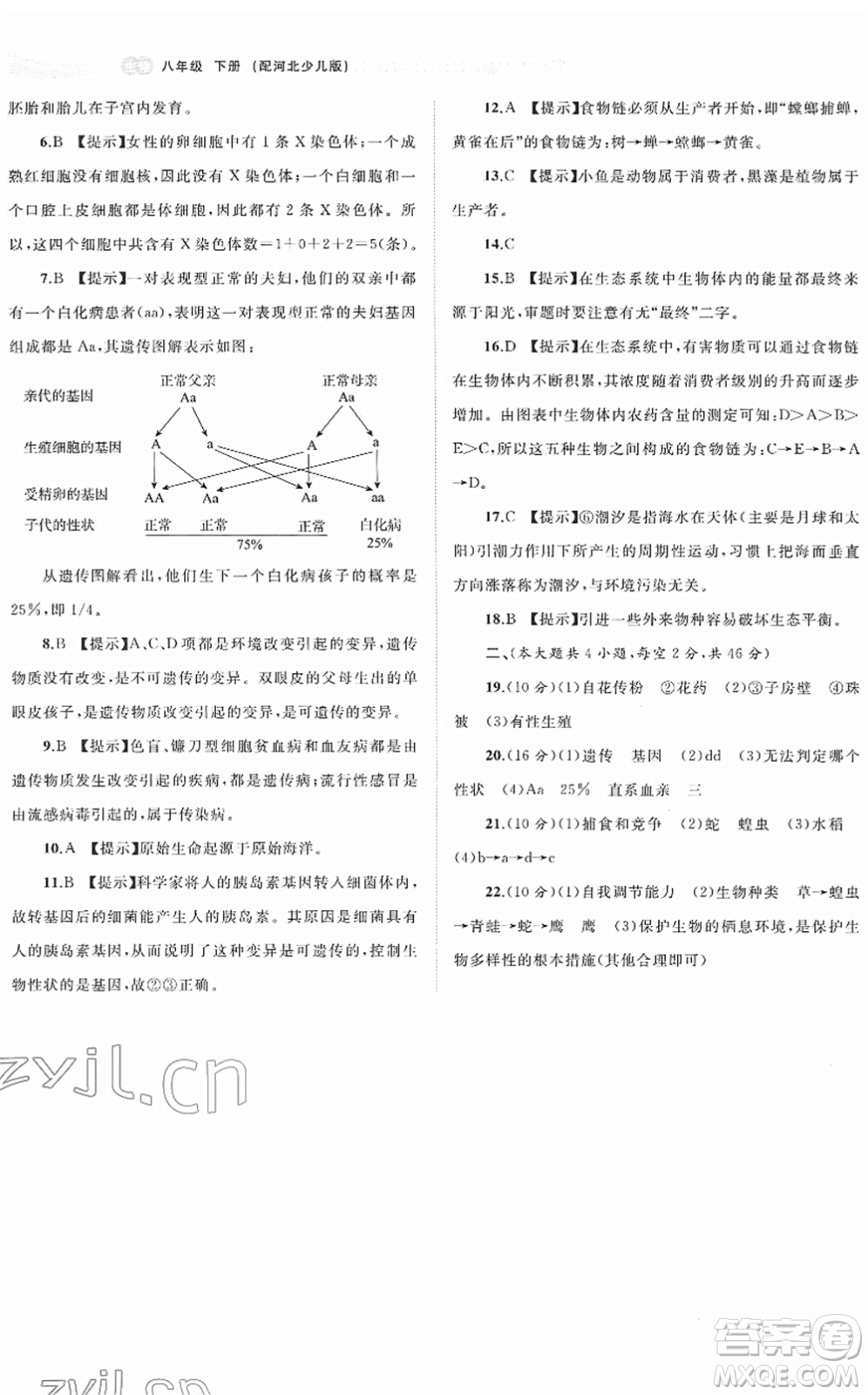 廣西教育出版社2022新課程學習與測評同步學習八年級生物下冊河北少兒版答案
