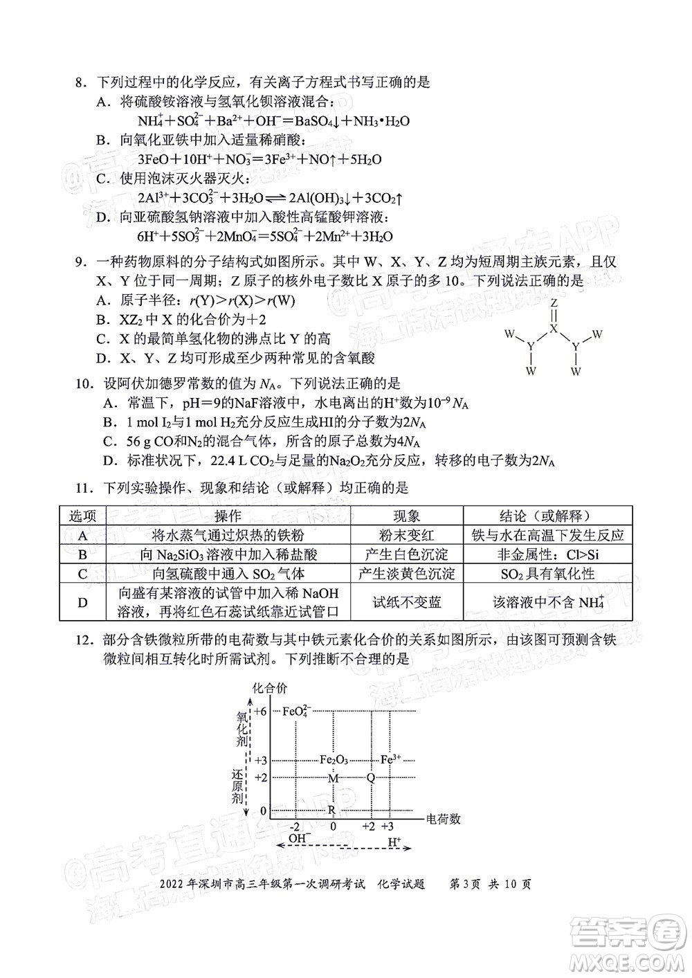 2022年深圳市高三年級(jí)第一次調(diào)研考試化學(xué)試題及答案