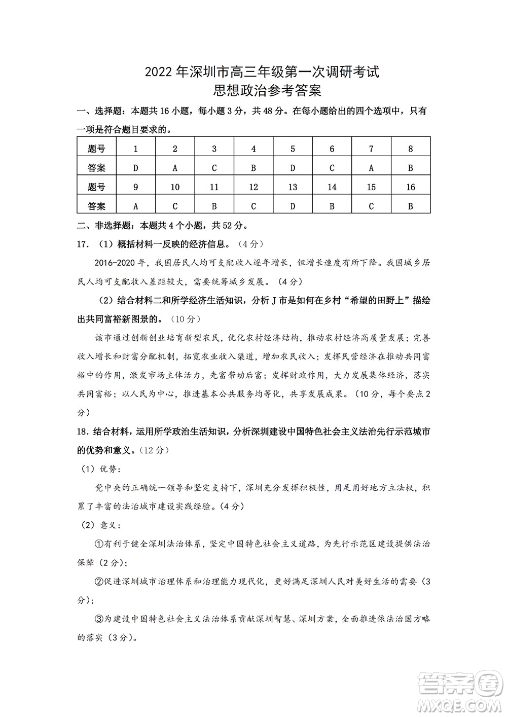 2022年深圳市高三年級(jí)第一次調(diào)研考試思想政治試題及答案