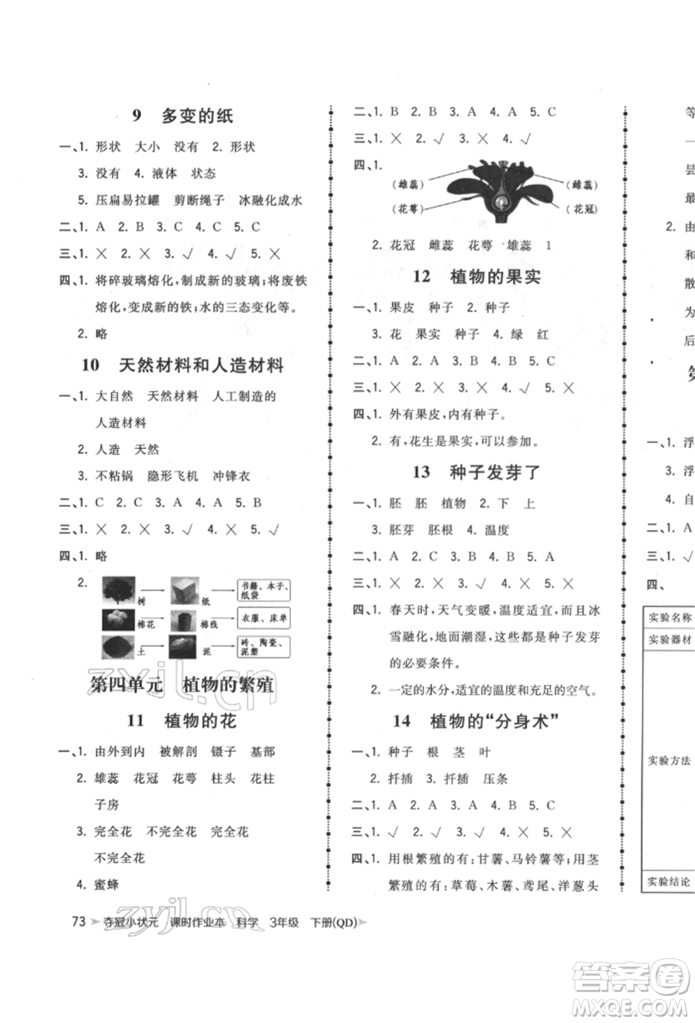 吉林教育出版社2022智慧翔奪冠小狀元課時(shí)作業(yè)本三年級(jí)科學(xué)下冊(cè)青島版參考答案