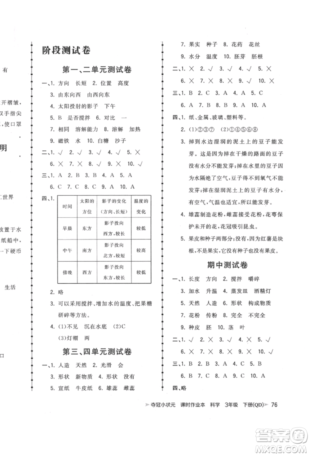 吉林教育出版社2022智慧翔奪冠小狀元課時(shí)作業(yè)本三年級(jí)科學(xué)下冊(cè)青島版參考答案