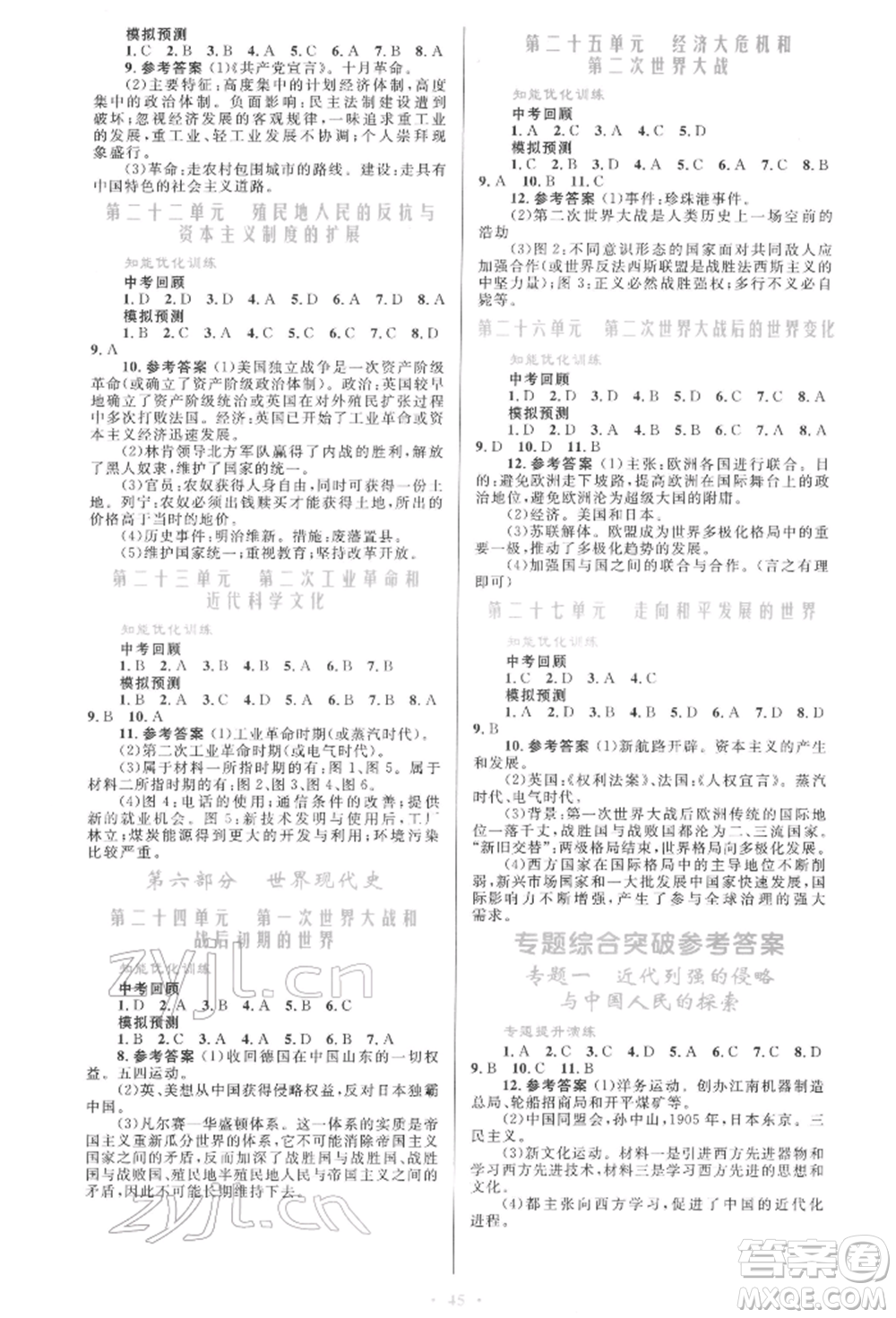 人民教育出版社2022初中總復(fù)習(xí)優(yōu)化設(shè)計(jì)九年級歷史人教版參考答案
