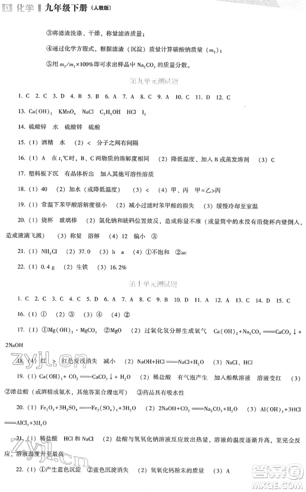 遼海出版社2022新課程化學(xué)能力培養(yǎng)九年級下冊人教版D版大連專用答案