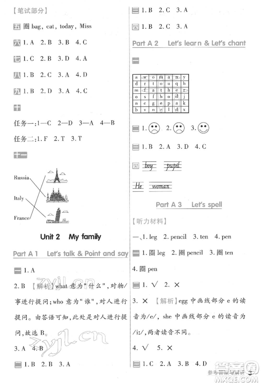南京師范大學(xué)出版社2022一遍過(guò)三年級(jí)英語(yǔ)下冊(cè)人教版河南專(zhuān)版參考答案