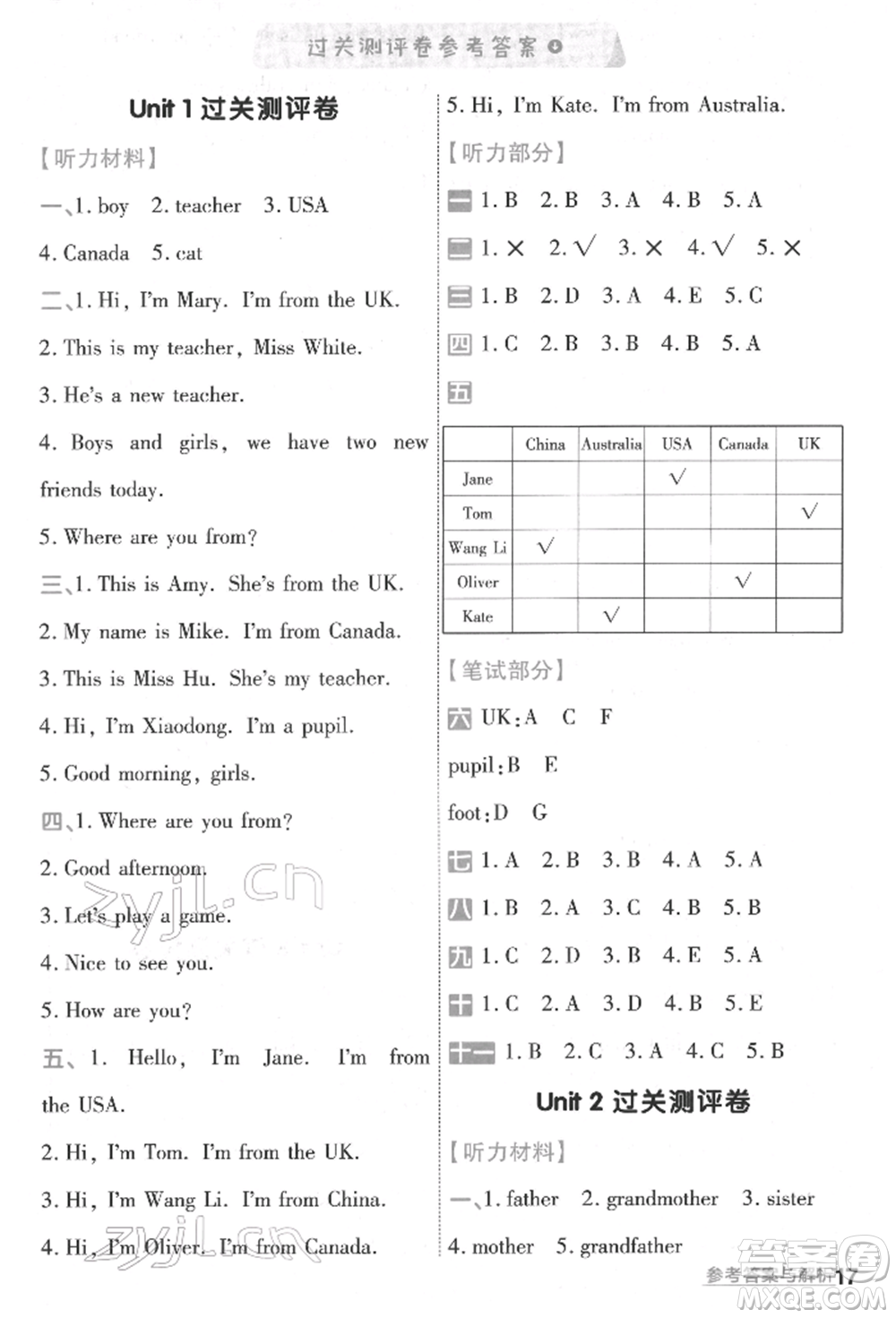 南京師范大學(xué)出版社2022一遍過(guò)三年級(jí)英語(yǔ)下冊(cè)人教版河南專(zhuān)版參考答案