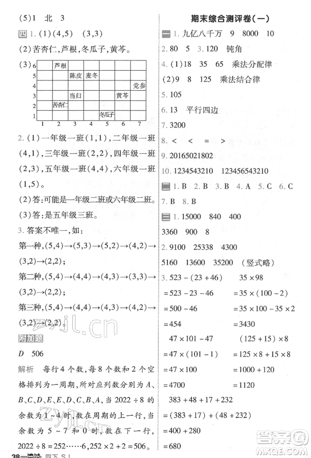 南京師范大學(xué)出版社2022一遍過四年級數(shù)學(xué)下冊蘇教版參考答案