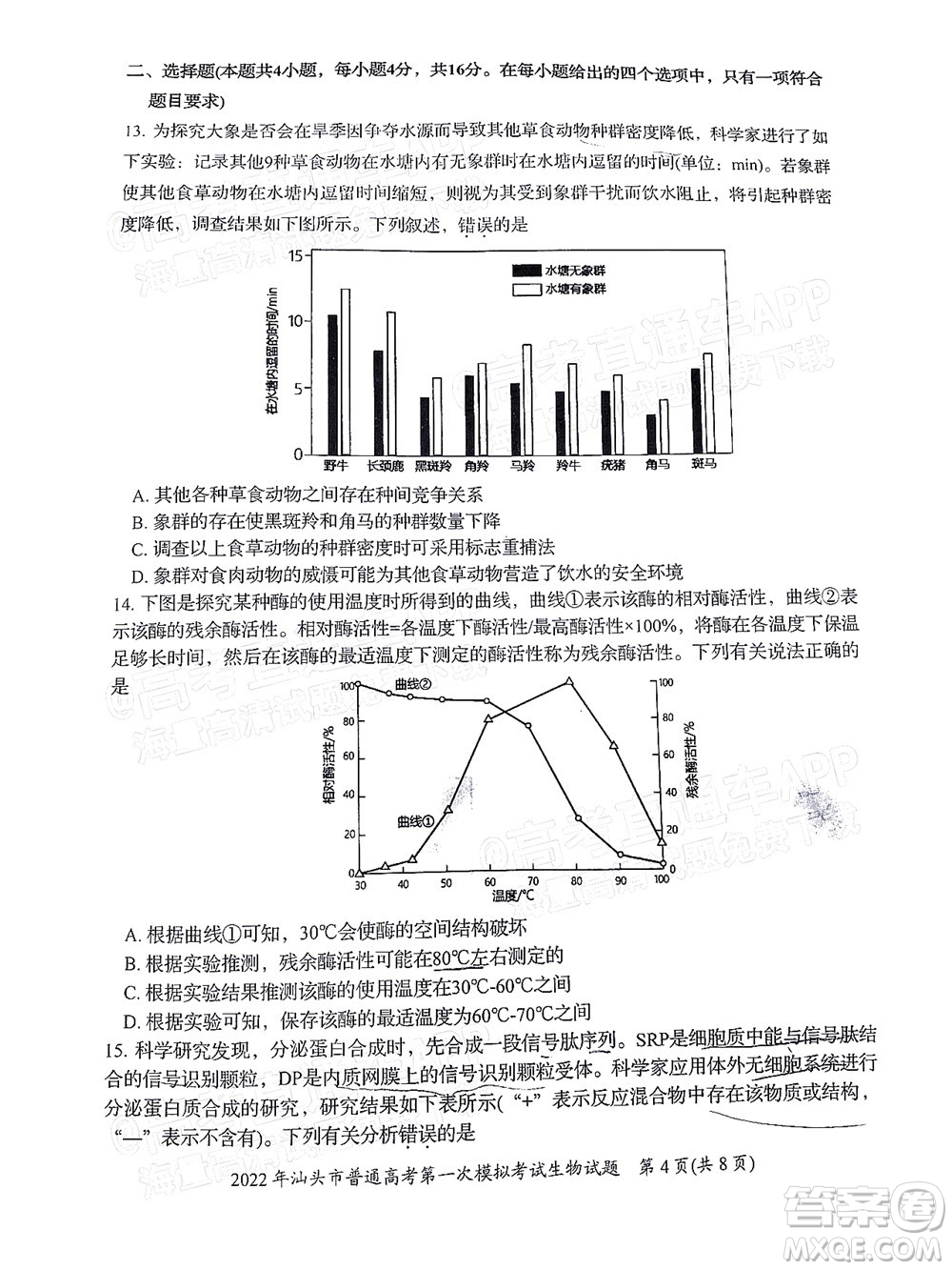 2022年汕頭市普通高考第一次模擬考試試題生物答案