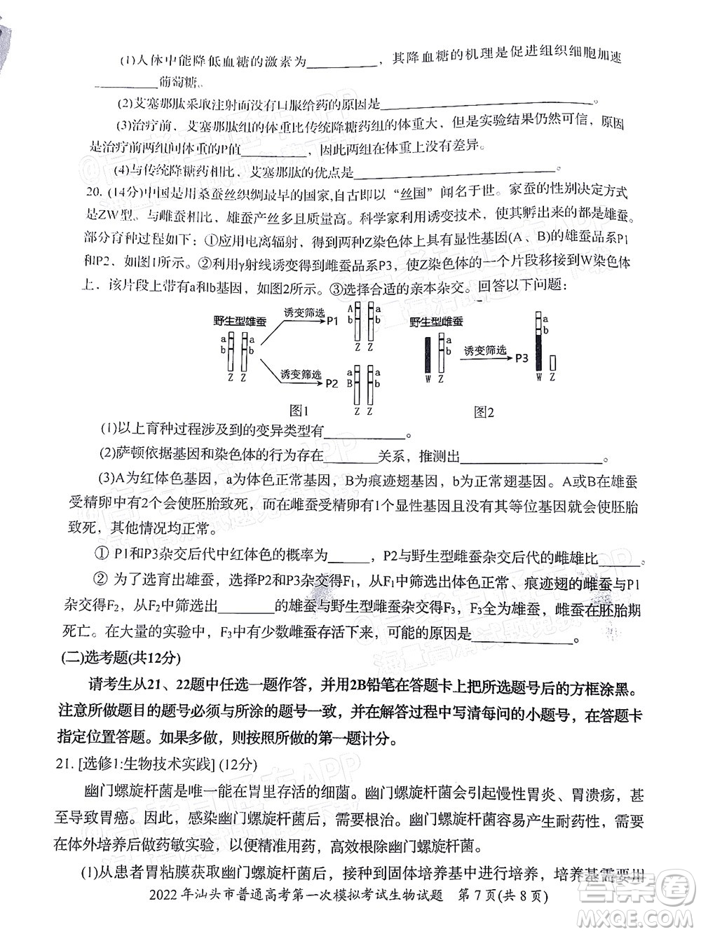 2022年汕頭市普通高考第一次模擬考試試題生物答案