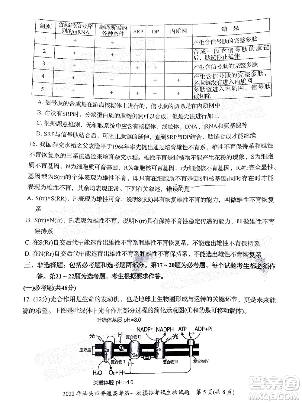 2022年汕頭市普通高考第一次模擬考試試題生物答案