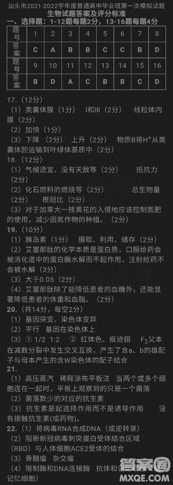 2022年汕頭市普通高考第一次模擬考試試題生物答案