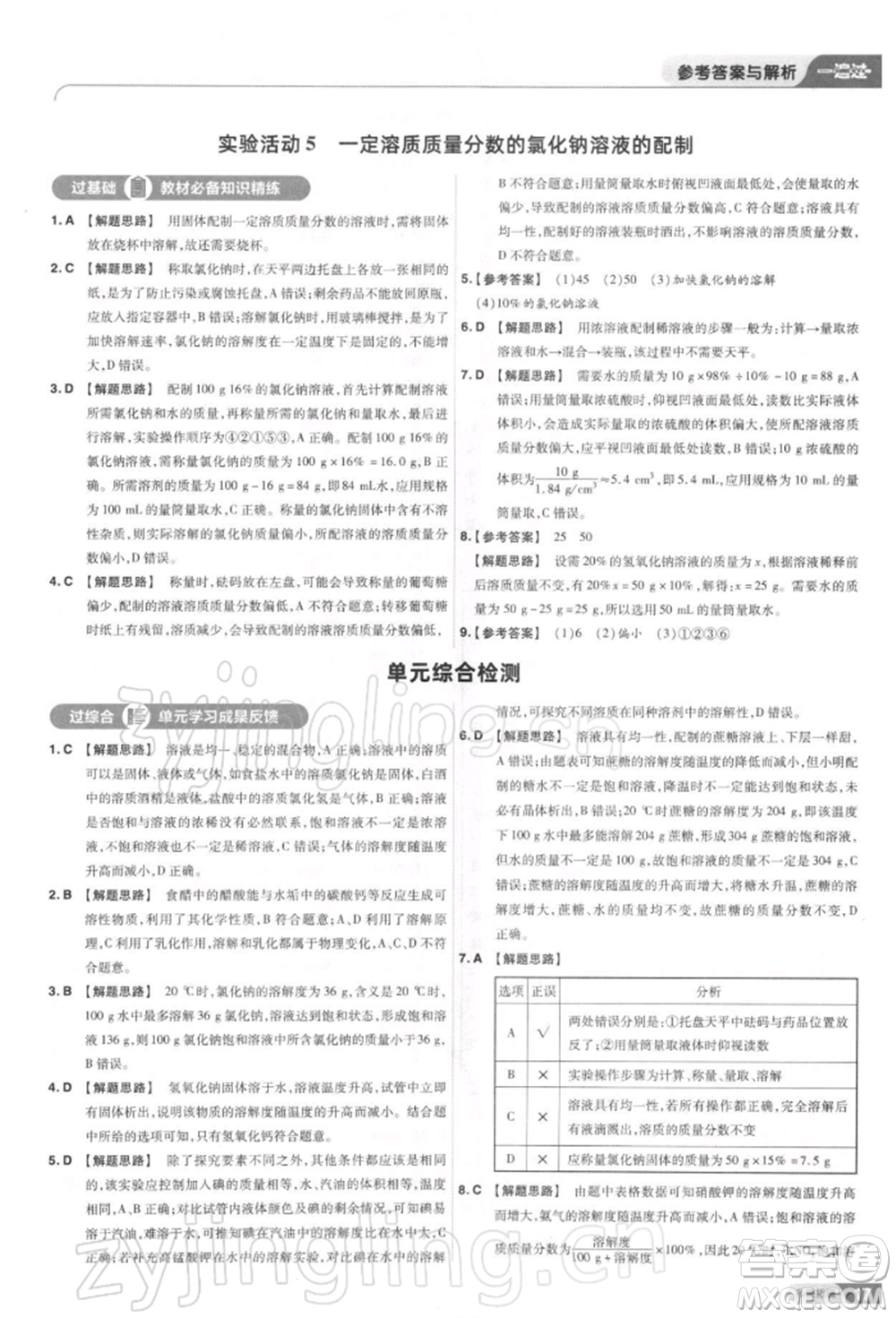 南京師范大學(xué)出版社2022一遍過(guò)九年級(jí)化學(xué)下冊(cè)人教版參考答案