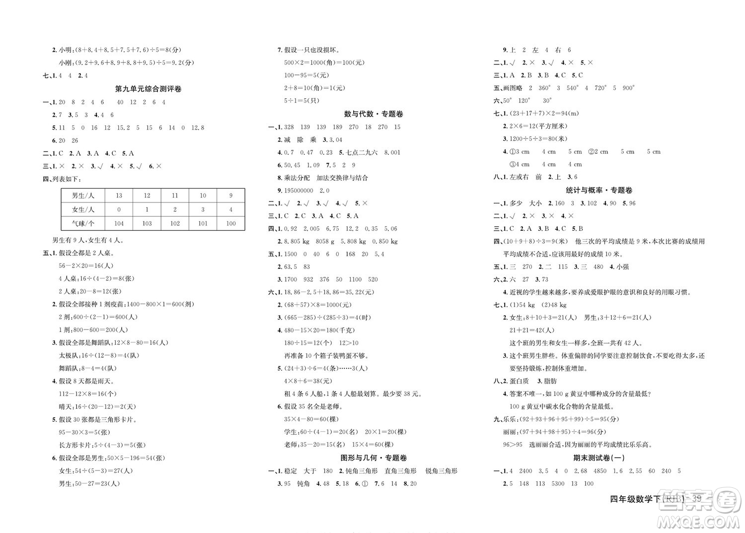 延邊教育出版社2022優(yōu)優(yōu)好卷小學(xué)數(shù)學(xué)四年級下冊RJB人教版答案