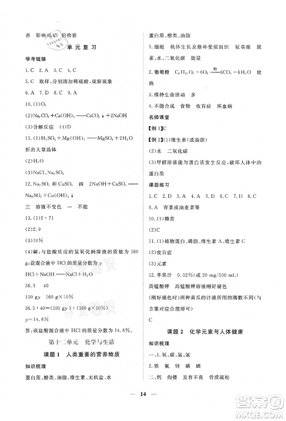江西人民出版社2022一課一練創(chuàng)新練習九年級化學下冊人教版參考答案