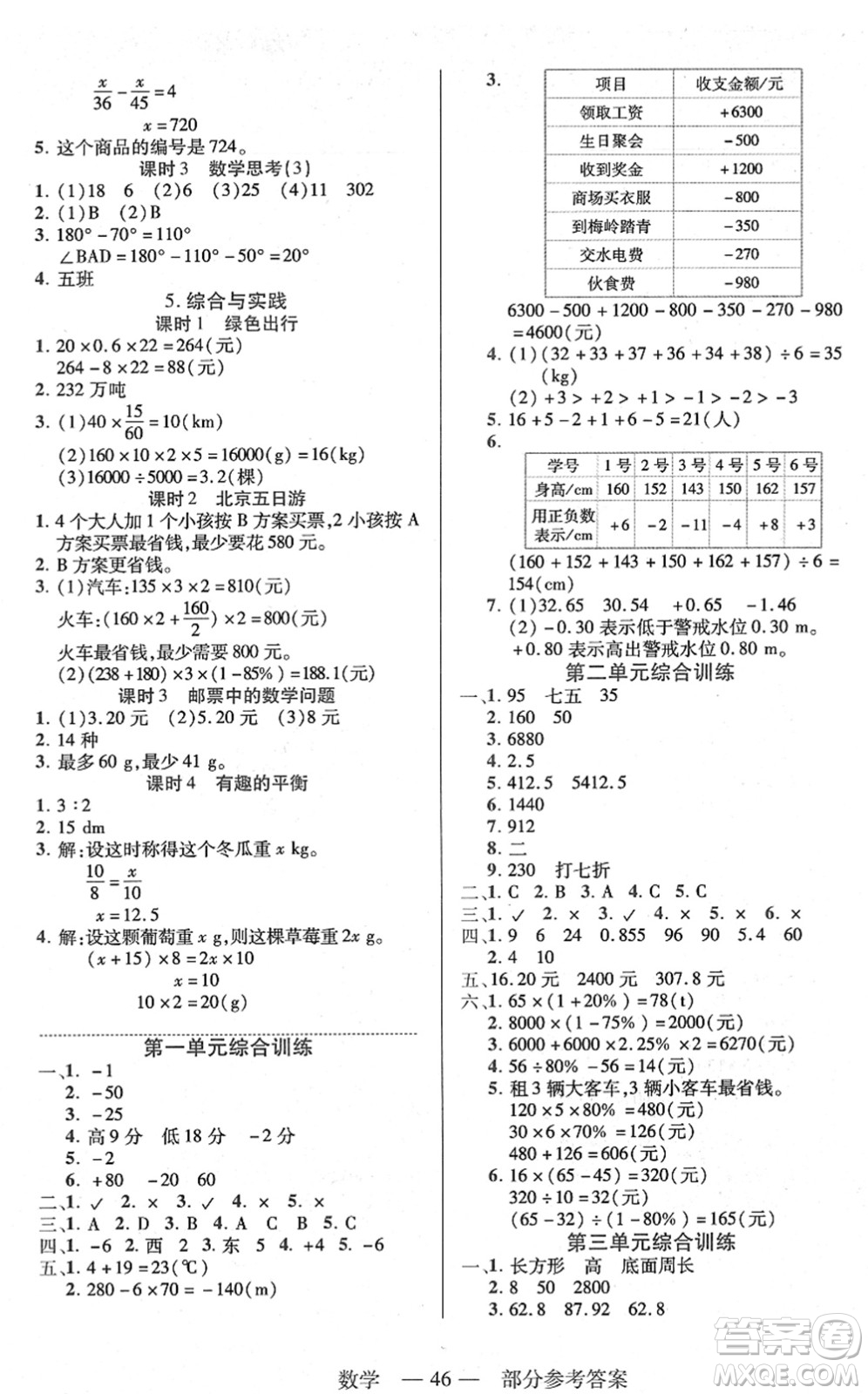 二十一世紀(jì)出版社2022新課程新練習(xí)六年級數(shù)學(xué)下冊人教版答案