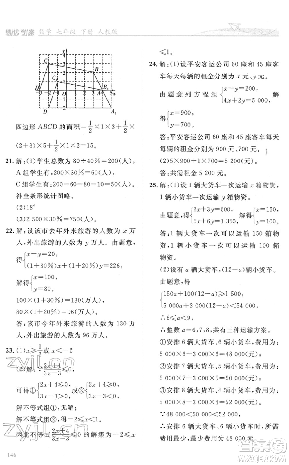人民教育出版社2022績優(yōu)學案七年級數學下冊人教版答案