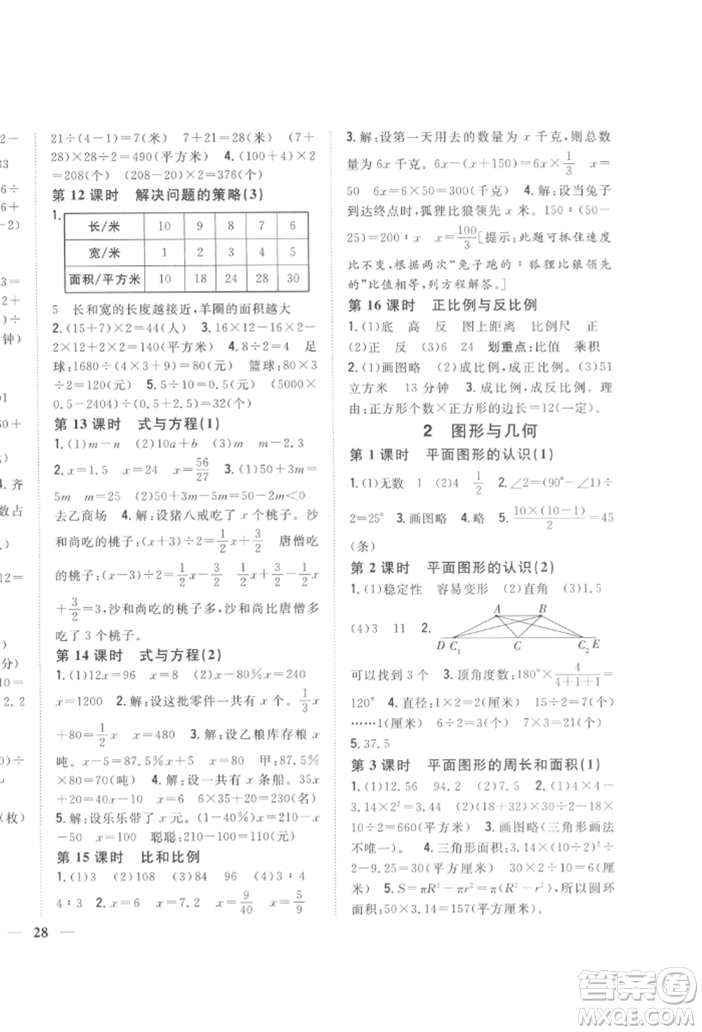 吉林人民出版社2022全科王同步課時(shí)練習(xí)六年級(jí)數(shù)學(xué)下冊(cè)江蘇版參考答案