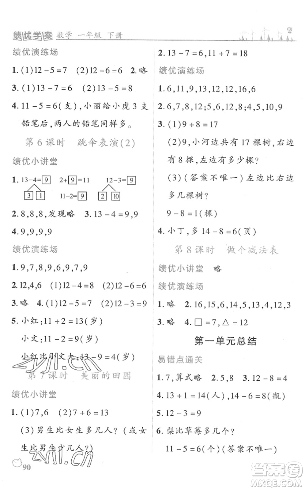 陜西師范大學(xué)出版總社2022績(jī)優(yōu)學(xué)案一年級(jí)數(shù)學(xué)下冊(cè)北師大版答案