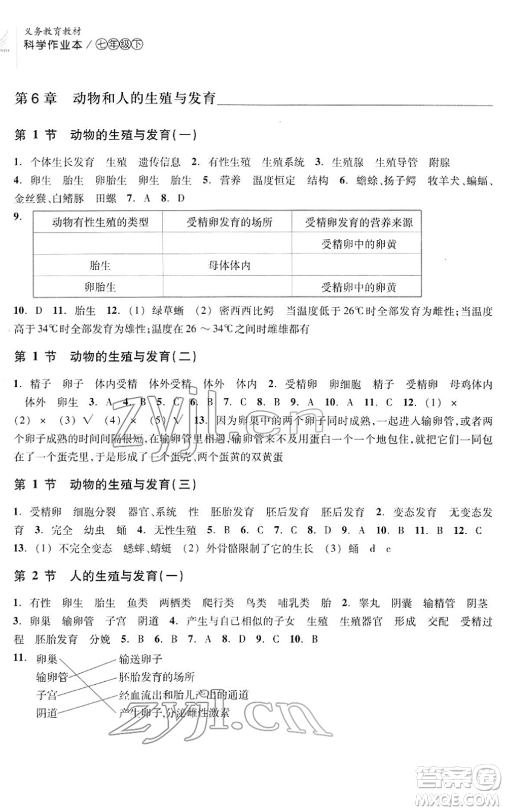 浙江教育出版社2022科學(xué)作業(yè)本七年級(jí)下冊(cè)H華東師大版AB本答案