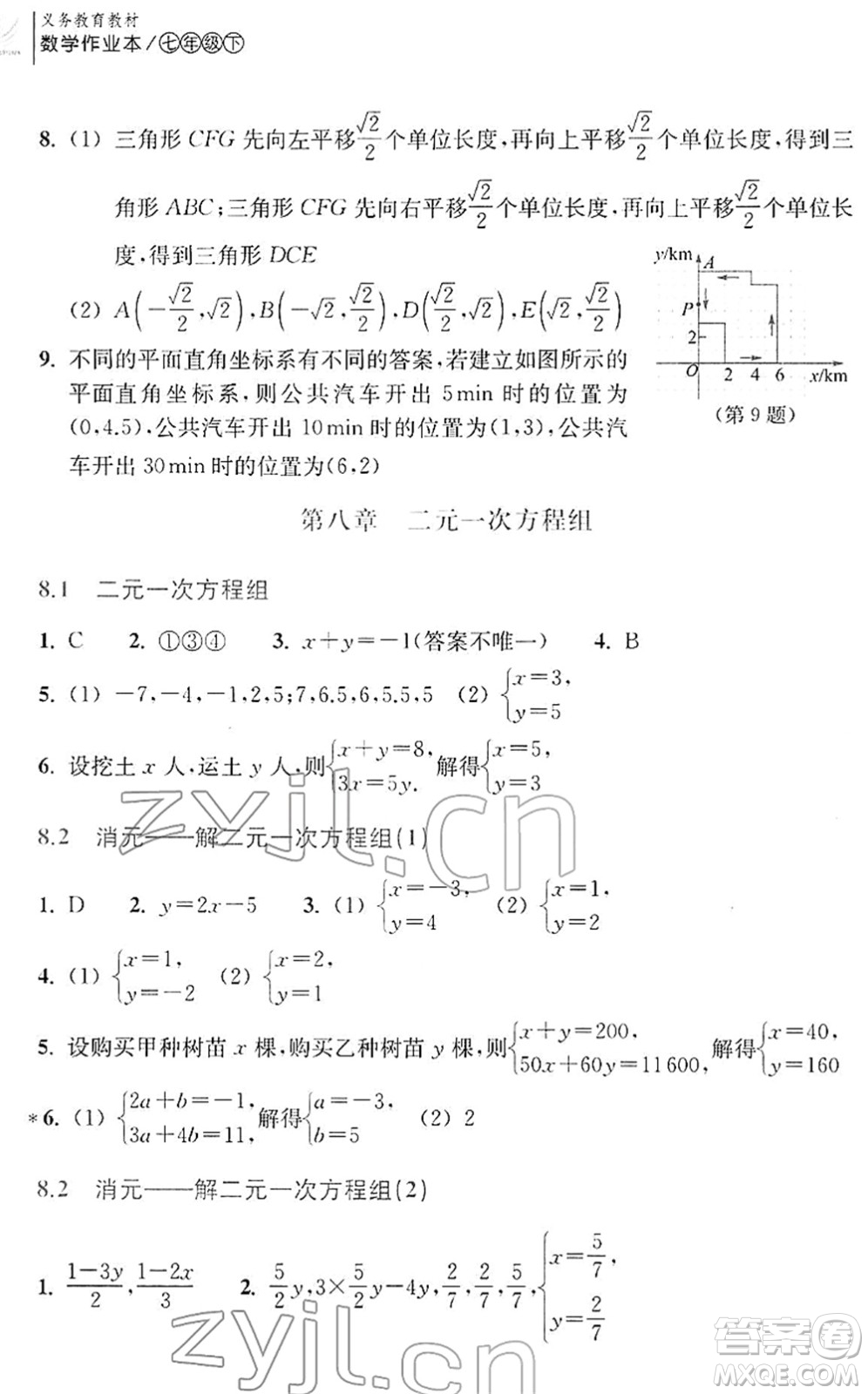 浙江教育出版社2022數(shù)學(xué)作業(yè)本七年級下冊人教版答案