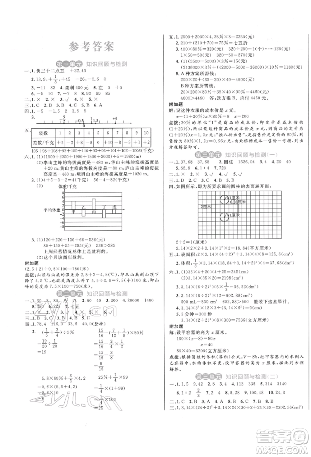 沈陽出版社2022黃岡名卷六年級數(shù)學(xué)下冊人教版參考答案