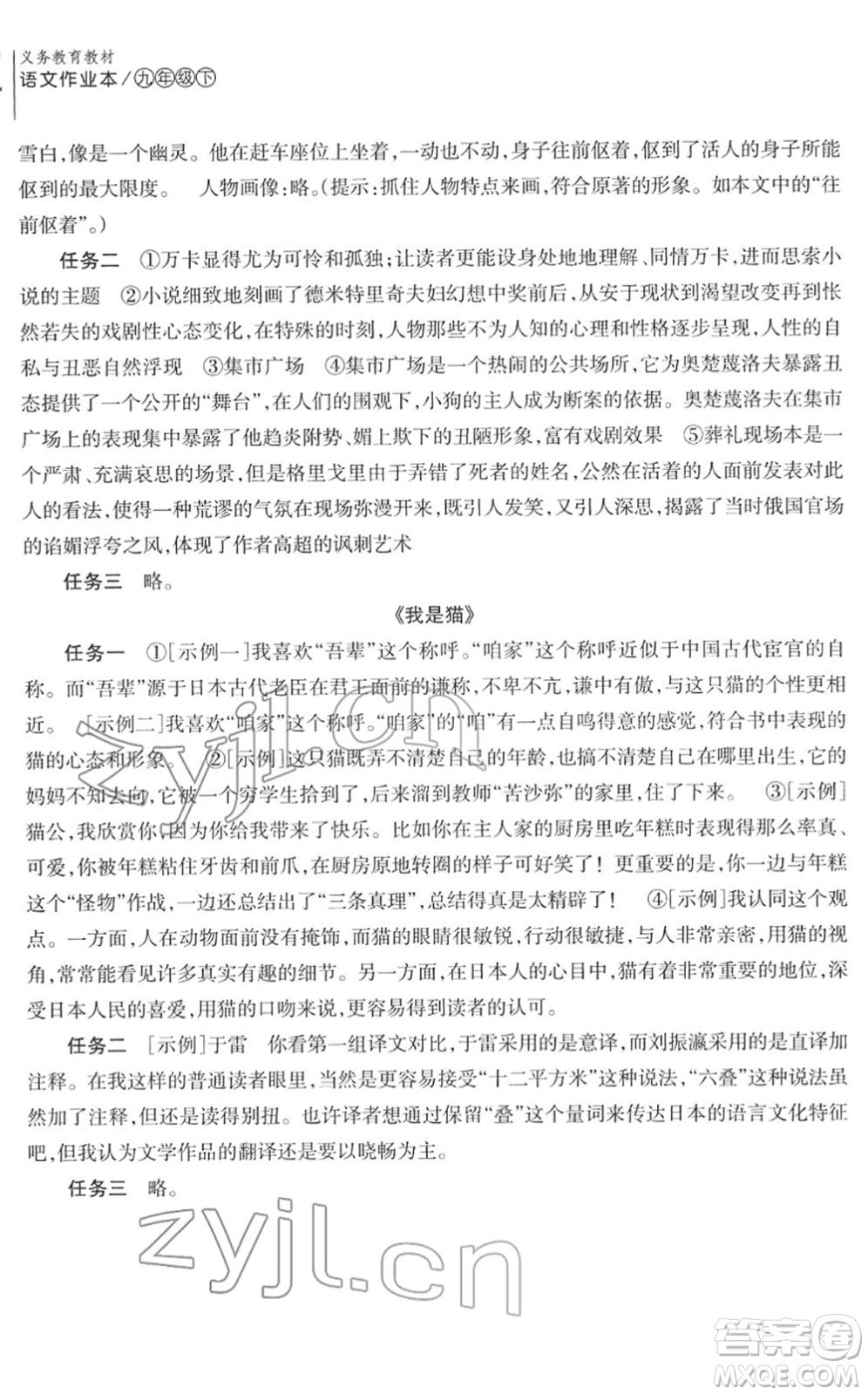 浙江教育出版社2022語文作業(yè)本九年級下冊人教版答案