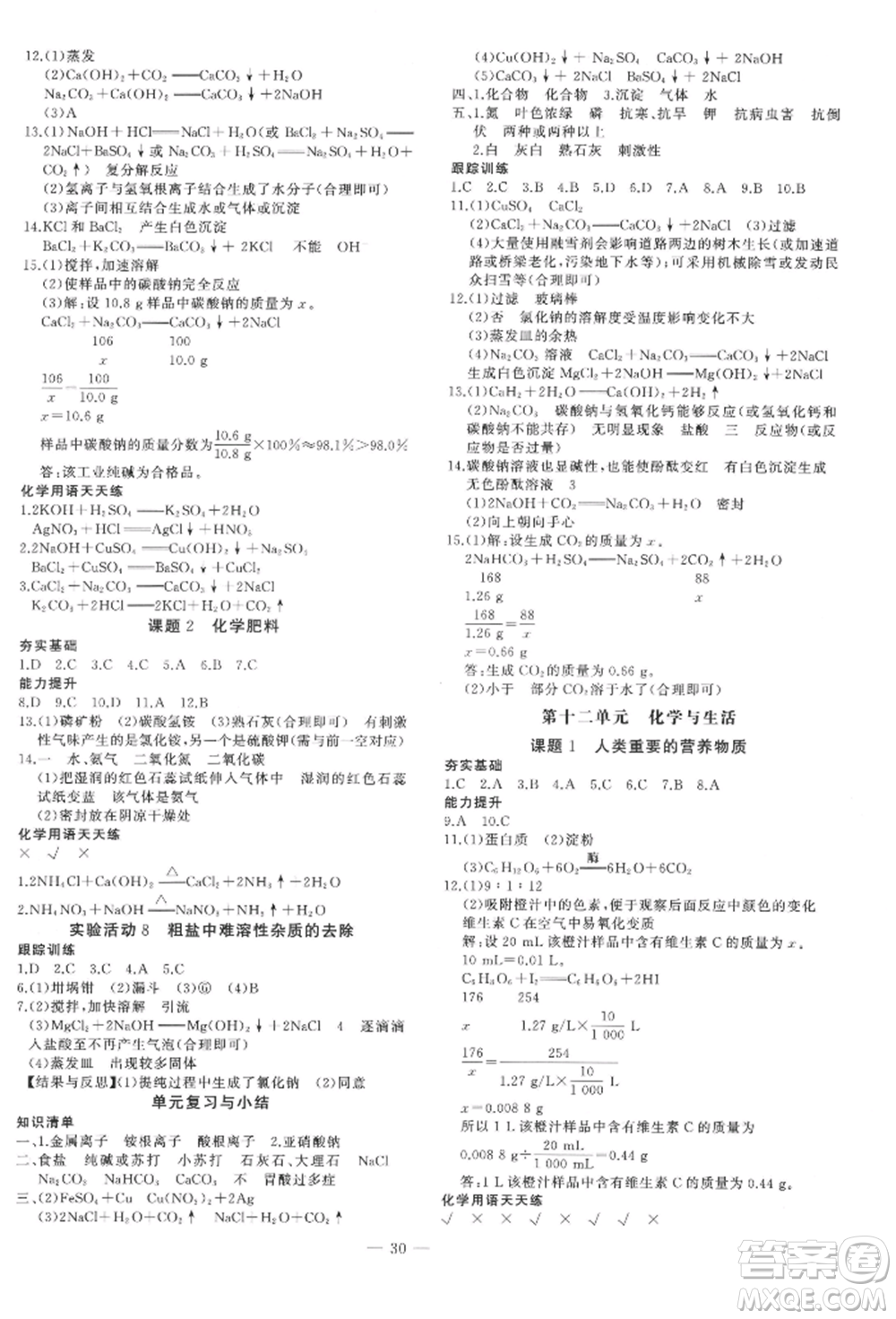 安徽大學(xué)出版社2022創(chuàng)新課堂創(chuàng)新作業(yè)本九年級化學(xué)下冊人教版參考答案