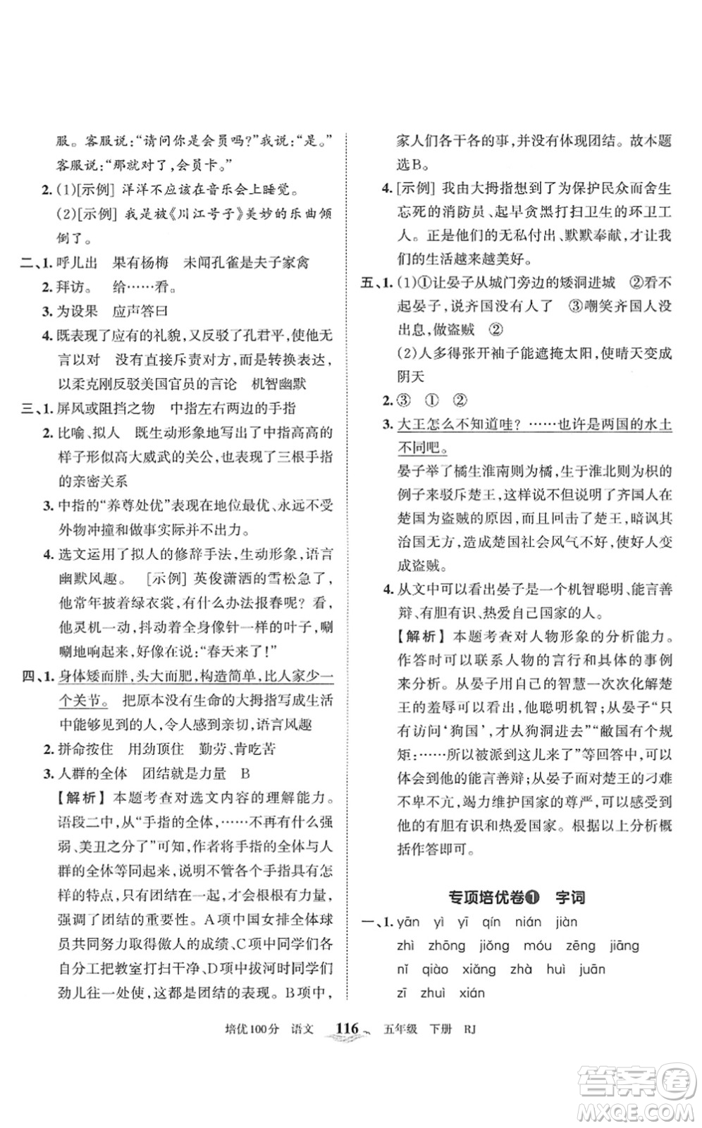 江西人民出版社2022王朝霞培優(yōu)100分五年級(jí)語(yǔ)文下冊(cè)RJ人教版答案
