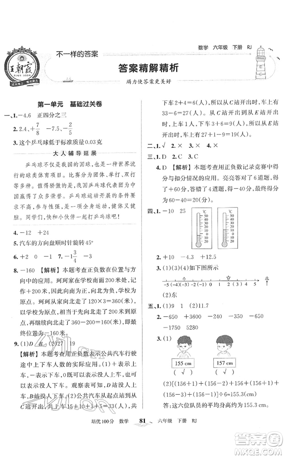 江西人民出版社2022王朝霞培優(yōu)100分六年級數(shù)學下冊RJ人教版答案