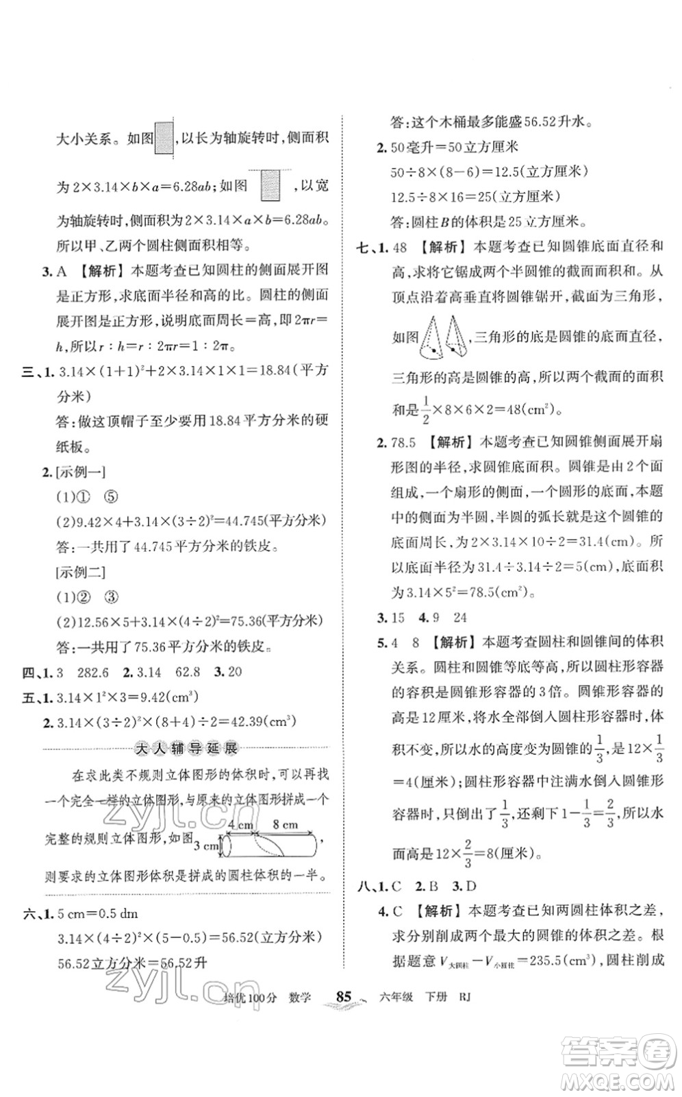 江西人民出版社2022王朝霞培優(yōu)100分六年級數(shù)學下冊RJ人教版答案