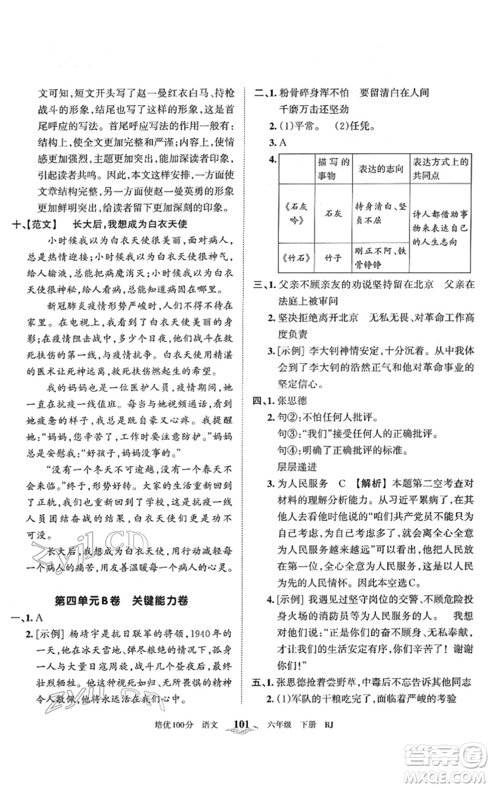 江西人民出版社2022王朝霞培優(yōu)100分六年級(jí)語文下冊(cè)RJ人教版答案