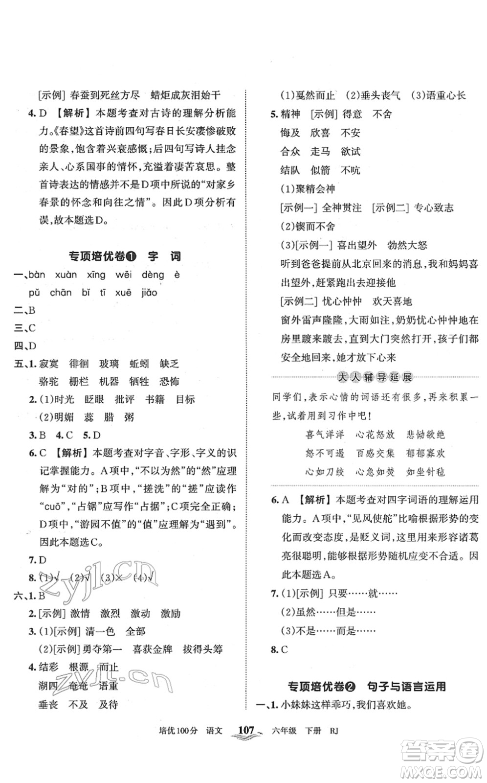 江西人民出版社2022王朝霞培優(yōu)100分六年級(jí)語文下冊(cè)RJ人教版答案