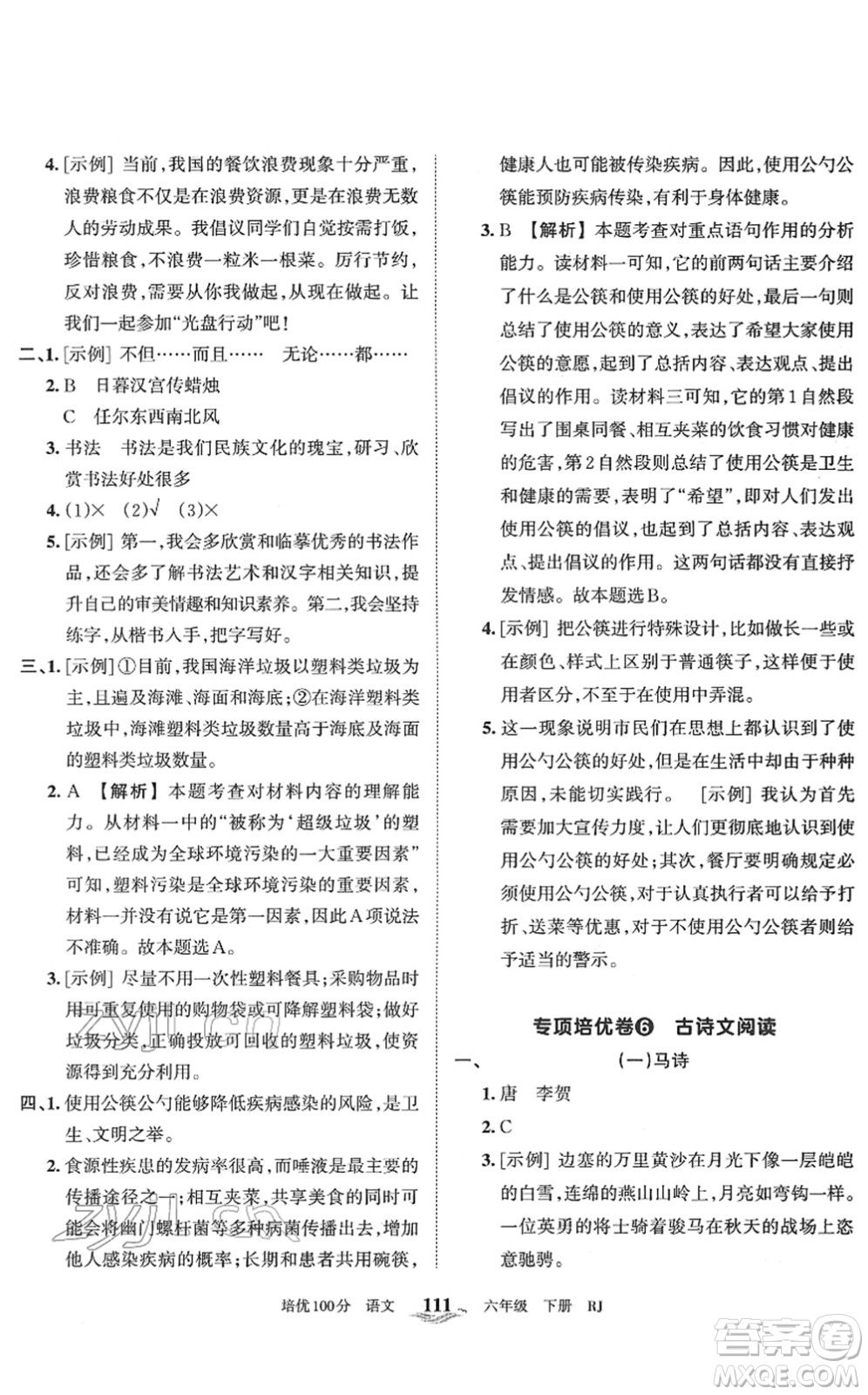 江西人民出版社2022王朝霞培優(yōu)100分六年級(jí)語文下冊(cè)RJ人教版答案